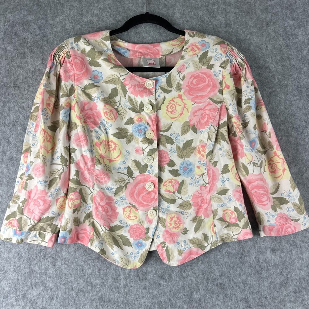 Vintage Mondi Blazer Jacket Womens 40 Floral Linen Blend Crop Boho Cottage 80s